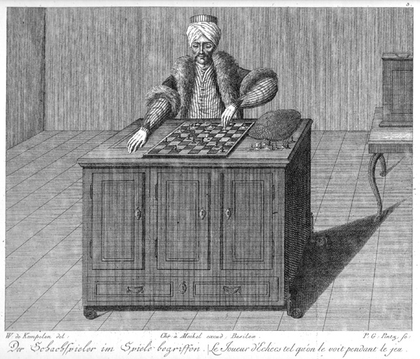 Image of the Mechanical Turk from a copper engraving by Karl Gottlieb von Windisch's (1783). Public Domain - Source